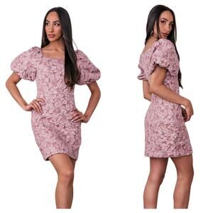 Jessakae Dress Valerie Jacquard Floral Puff Sleeve Mini Sheath Mauve Pink XS